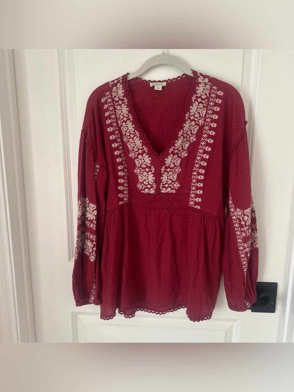 Sundance Embroidered V-Neck Peasant Top - Berry with Cream Accents